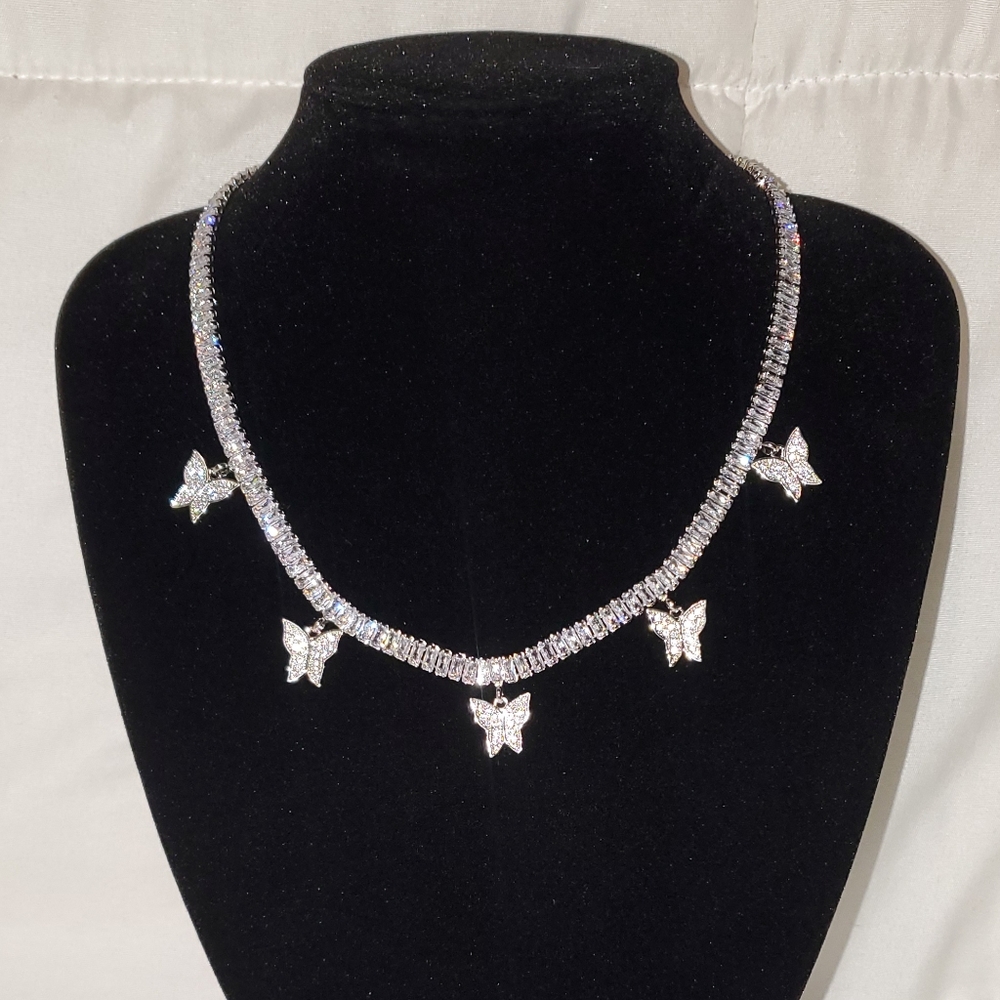 Butterfly Rhinestone Tennis Necklace Silver